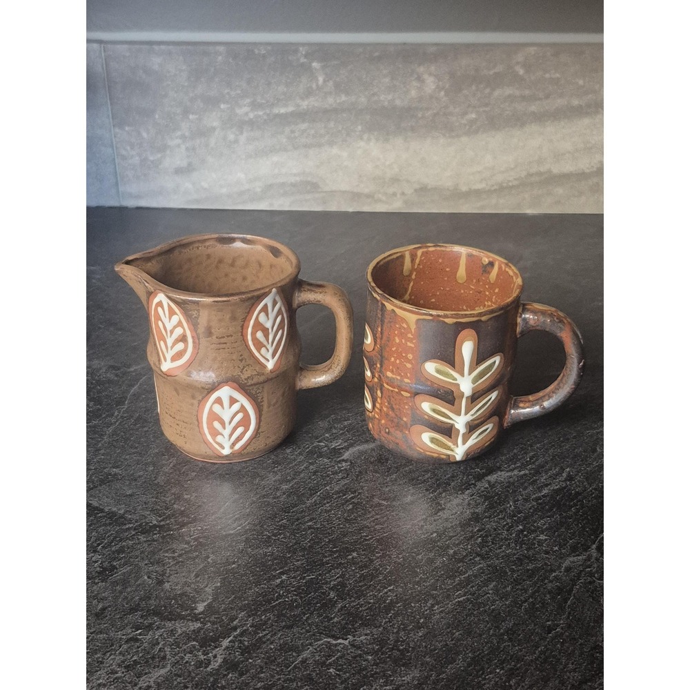 MCM Set of 2 Vintage Japanese Pottery Creamer Pitcher Mug Cup Plants Leaves - Picture 5 of 6